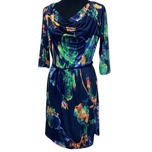 Gilli Large Tropical Floral Swoop Neck 3/4 Sleeve Midi Stretchy Body Con Dress